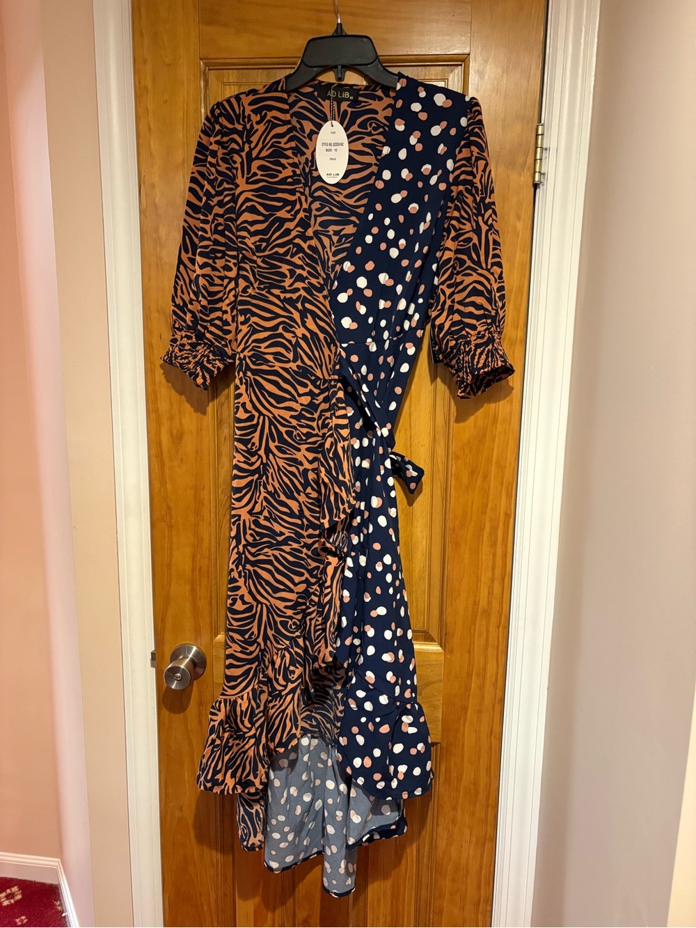 Mixed Print Midi Wrap Dress in Navy and Rust - Unbranded